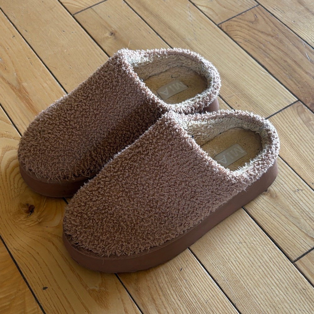 MIA Tan Fuzzy Slip-On Clogs